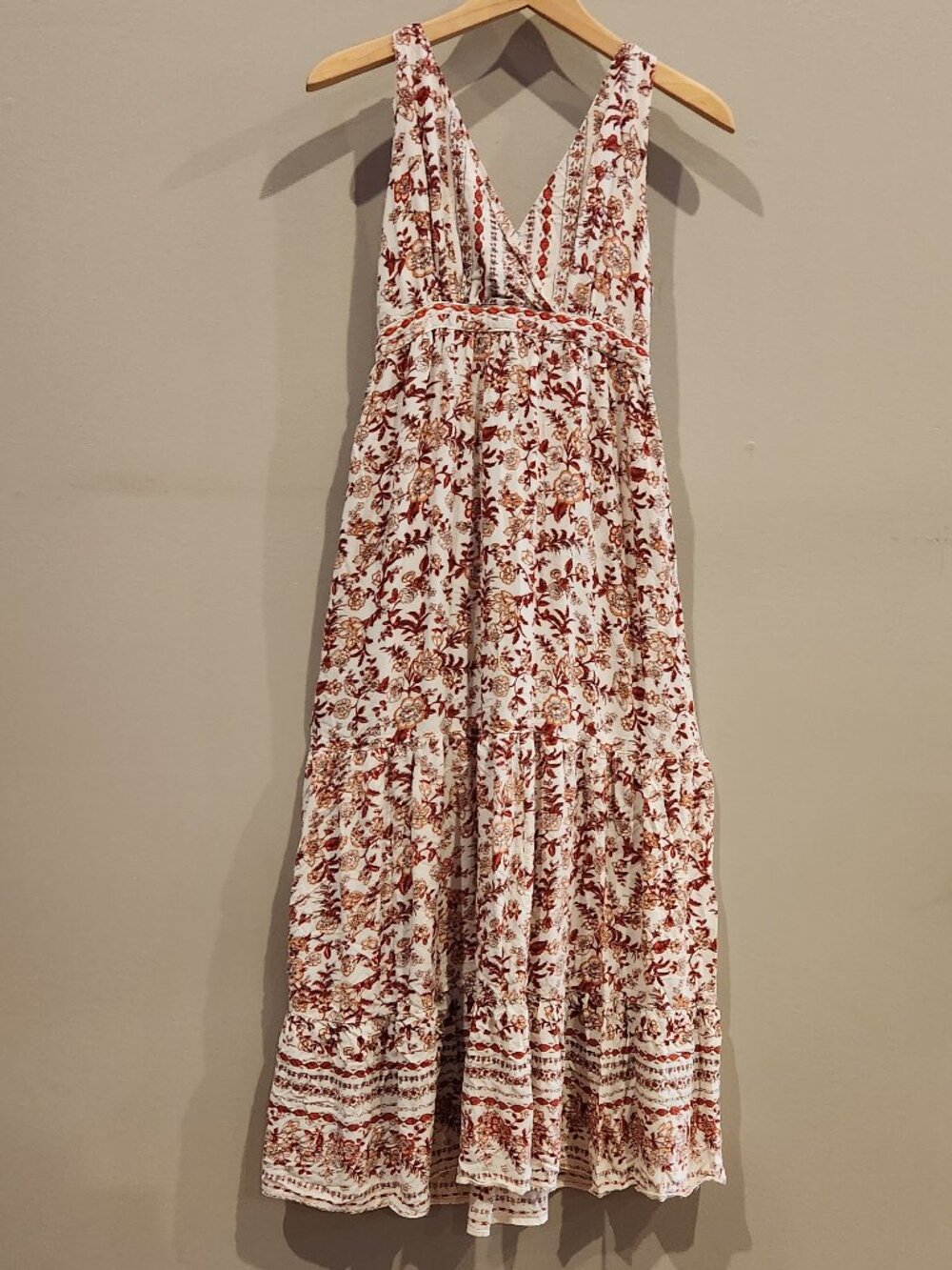 Angie Floral Boho Midi Dress Ivory Rust Sleeveless Size Small